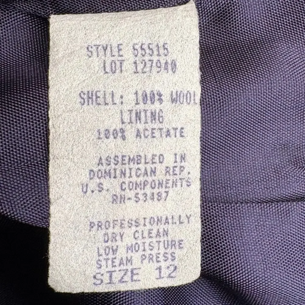 VTG 100% Wool Navy Dark Academia Old Money Minimalist Preppy Womens Blazer Sz 12
